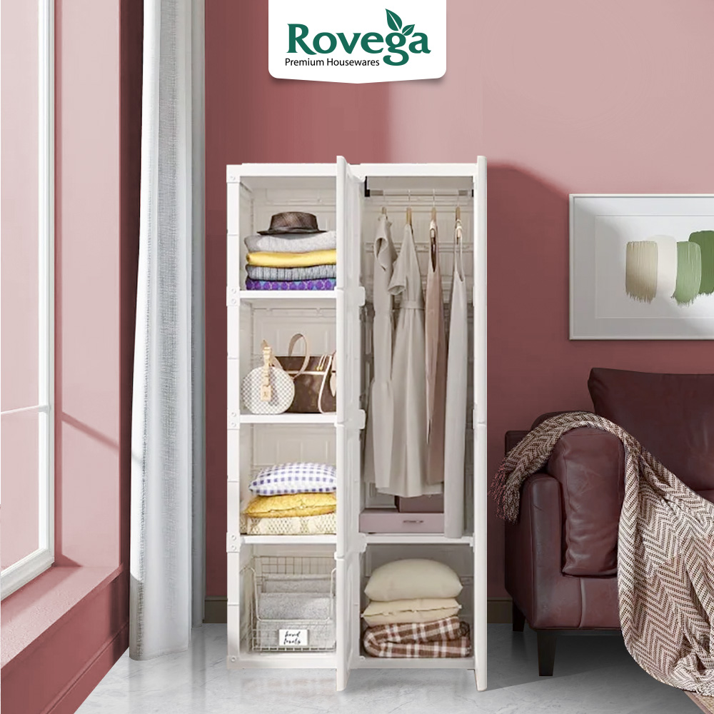 Rovega Wardrobe Lipat Lemari Pakaian Putih 8 Box 6 Pintu 1 Gantungan Pintu Magnet CPB-3024